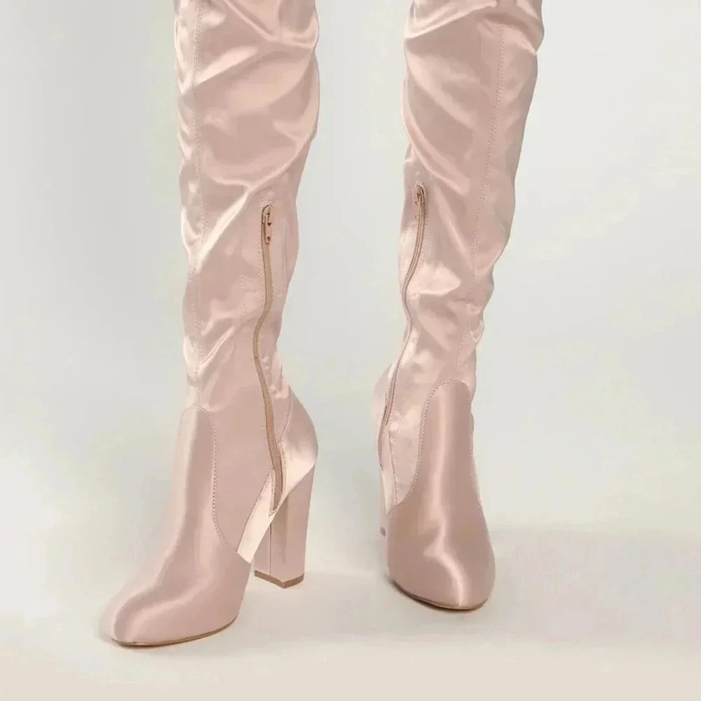 NWOT Lulus So Much Yes Champagne Satin Over theโ Knee Boots - Picture 3 of 4
